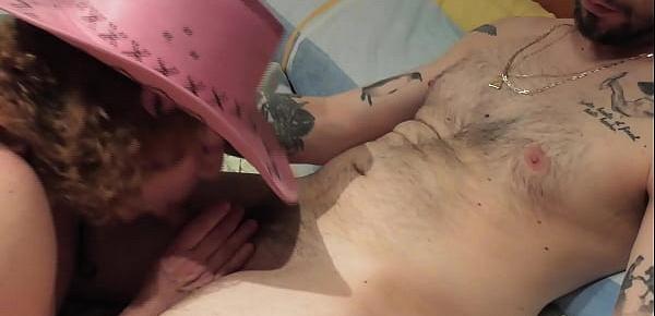  My friend gives me a blowjob with a cowgirl hat